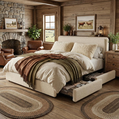 Cream Beige Soft Fleece Upholstered Full Bed Frame with Adjustable Cloud Headboard and 2 Drawers No Box Spring Needed