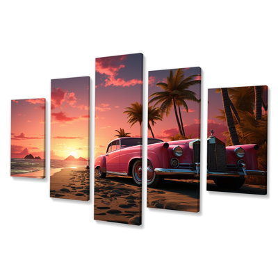 Pink Cadillac On The Beach At Sunset I - Car Old American Multipanel Wall Art Decor Set