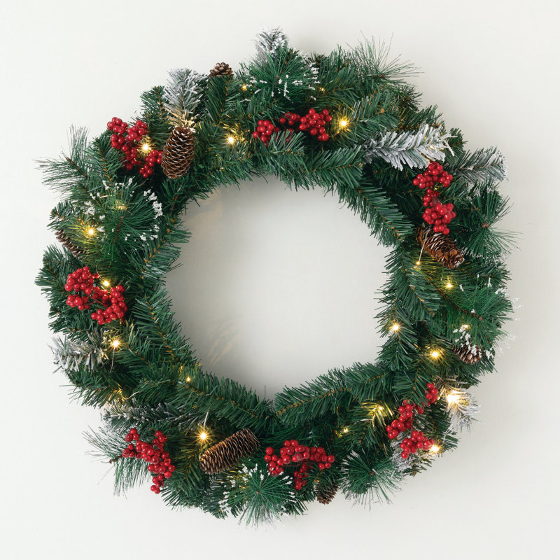 24" Pre-Lit Artificial Pine Christmas Wreath with Pinecones and Berries