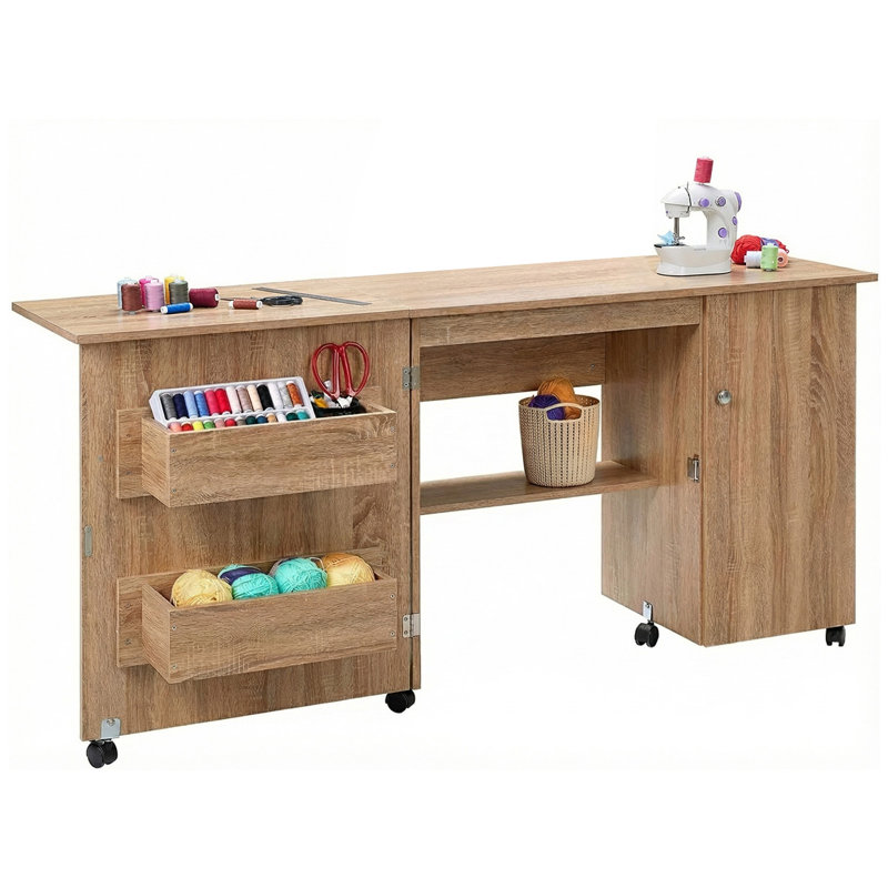 Grande table de couture pliante, table de machine à coudre avec tablettes de rangement, bureau d'appoint roulant au design compact