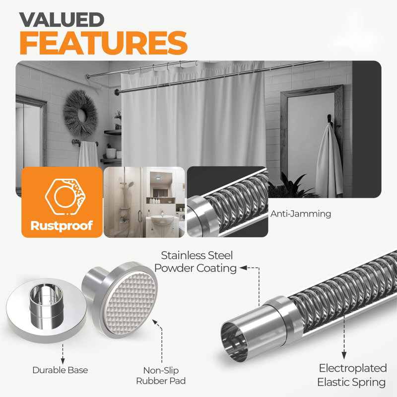 Adjustable Silver Stainless Steel Tension Shower Curtain Rod (28" - 74")