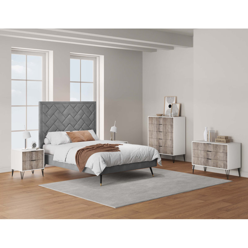 Ensemble de chambre à coucher 3 pièces avec commode, commode et table de chevet Dumbo, Blanc / gris, 3
