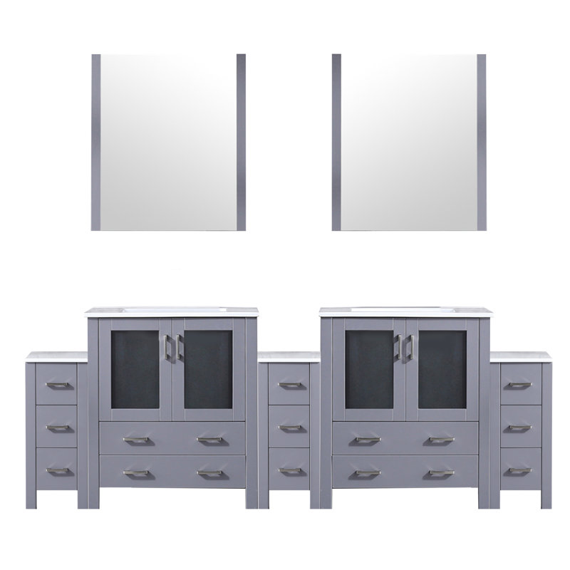 Meuble-lavabo double gris foncé de 96 po X P 18,25 po, plateau en céramique blanche, miroirs et finition lisse et douce en gris avec largeur, profondeur et fonction
