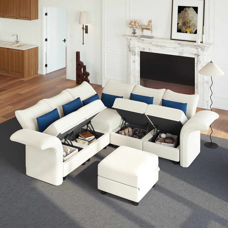 Canapé modulaire à méridienne rembourré 6 pièces Ahren, Velours beige