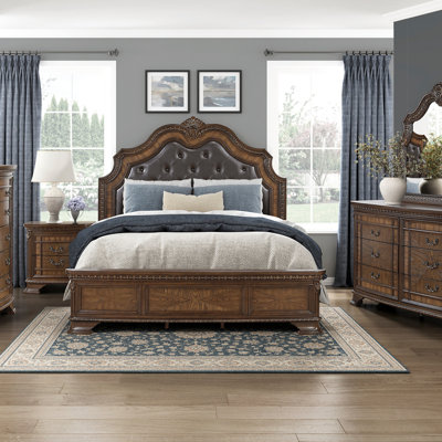 Formal Elegant Design Bed Upholstered Headboard Dark Brown Finish Wooden Traditional Bedroom Furniture 1pc Intricate Carvings