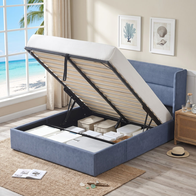 Lit plateforme tapissier avec rangement Gaillarde, Grand, Bleu brume grisâtre