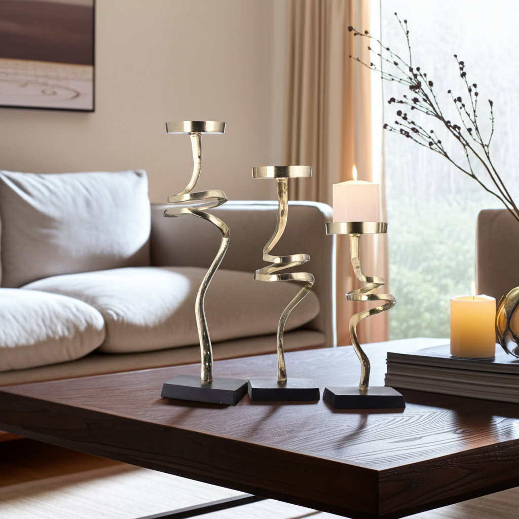Foxx 11"Hx4" Diameter/13"Hx4" Diameter/16"Hx4" Diameter, Metal, Set of Three Abstract Design Candle Pillar Holders, Gold Finish Patina, Aluminum. Ideal for Weddings, Parties, and Centerpieces.