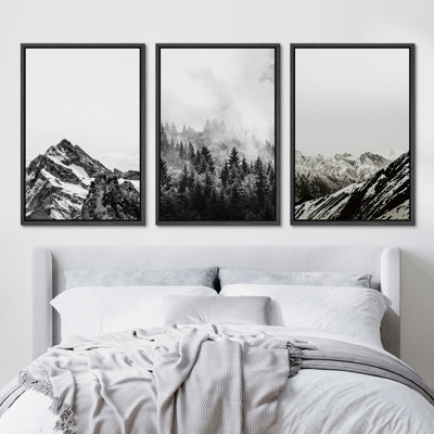 Misty Forest Landscape " IDEA4WALL Framed Canvas Print Wall Art Woodland Nursery Decor Set Black & White Winter Snow Mountains Nature Wilderness Modern Art Rustic Landscape For Living Room, Bedroom, Office " 3 - Pieces