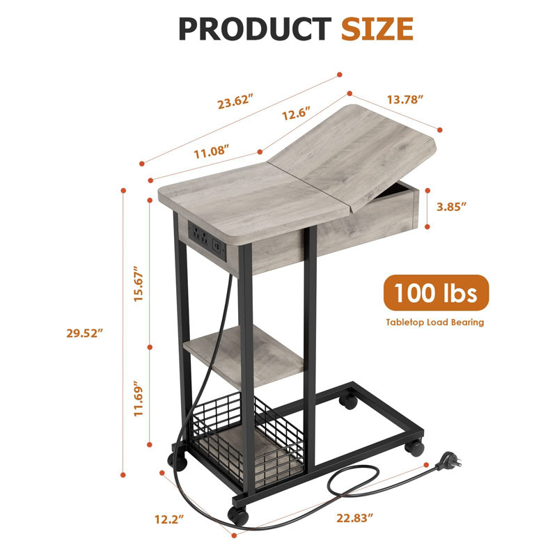 Table de bout en C avec station de charge, Gris