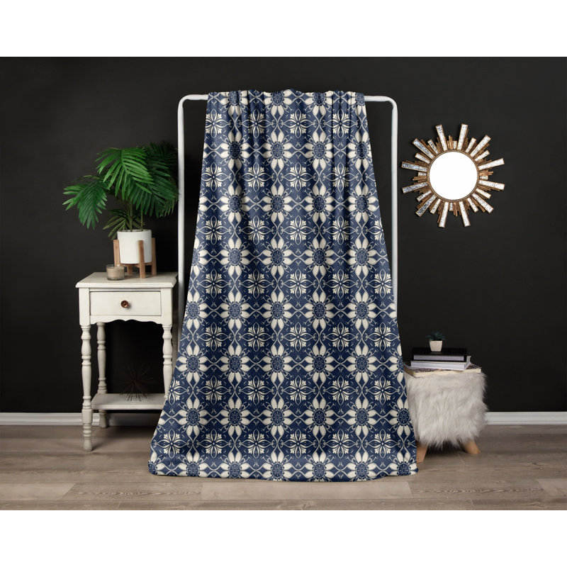 Throw Blanket, 51" W x 60" L, Floral/Abstract, Dark Blue/White