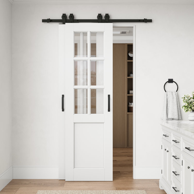 Porte coulissante standard de 40 po x 80 po avec ensemble de quincaillerie pour porte de grange, 6 carreaux de verre clair préfini et ensemble de quincaillerie pour porte coulissante
