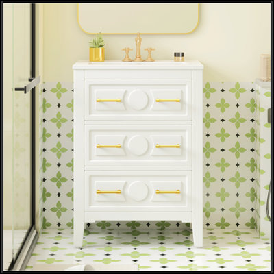 Meuble-lavabo 24 po avec lavabo en céramique, ensemble de meuble-lavabo simple autoportant avec 3 tiroirs, cadre en bois massif pour le rangement