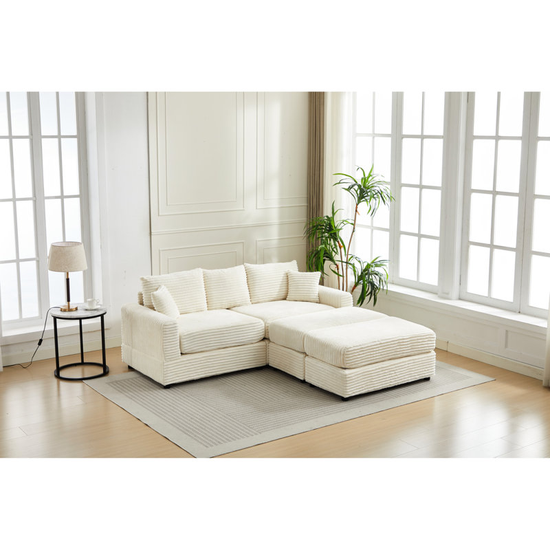 Ensemble de 2 housses de coussins et coussins en velours côtelé 2 pièces, beige, modulaire 2 places, 210 x 142 x 78 cm, avec structure confortable et coussins beige