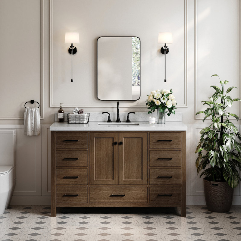 Ensemble de meuble-lavabo simple 55 po Grevera, Chêne brun / noir mat, Rectangular