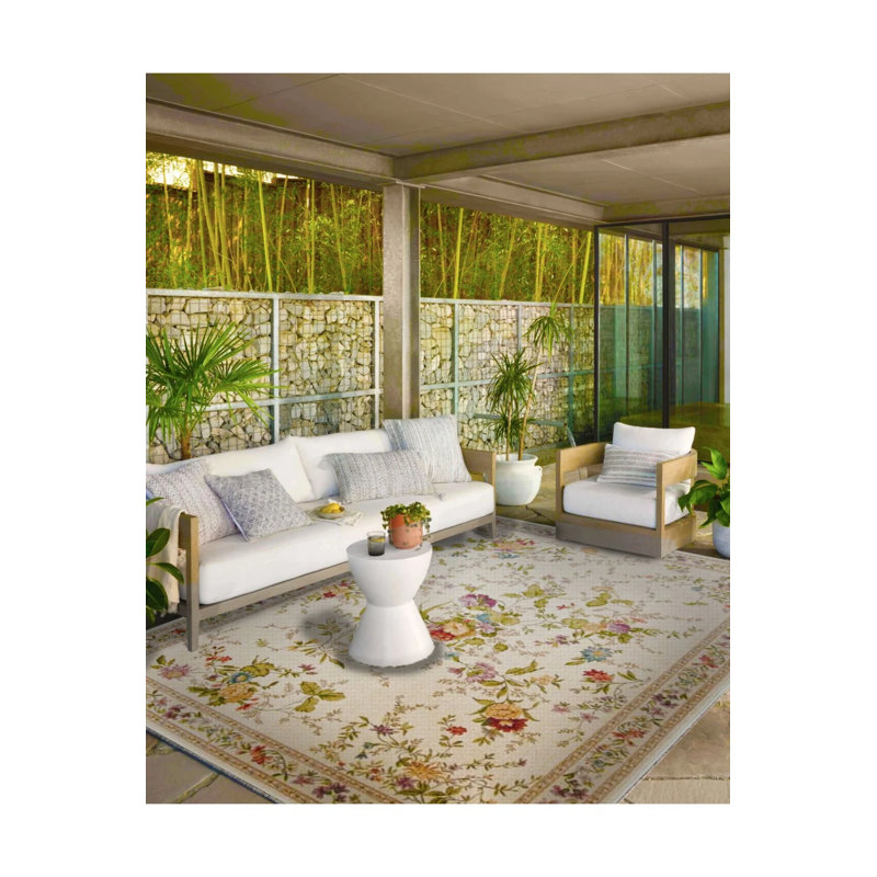 Cream Bordered Floral Themed Patterned Woven Base Carpet And Washable Carpet, Rectangle 2'4" x 4'