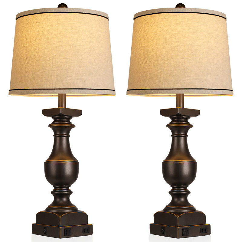 Ensemble de 2 lampes de table 28 po noir de style campagnard avec port USB A + C pour la chambre à coucher, ampoules incluses