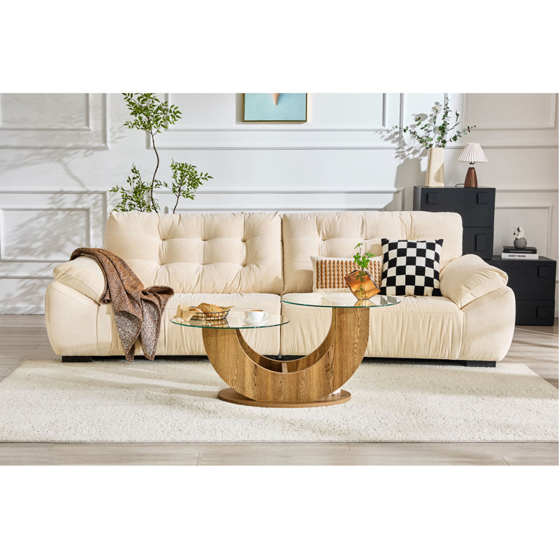 Table basse créative en U à deux niveaux en verre avec base en panneau de fibres à densité moyenne à grain de bois: une table d'appoint de salon moderne et minimaliste à hauteur réglable.