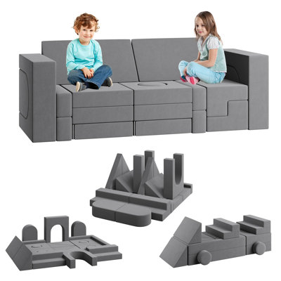 Modular Kids Play Couch, 22Pcs Kids Explorer Couch, Convertible Foam Play Sofa for Bedroom and Playroom Furniture, 2 Seat Gray Sofa