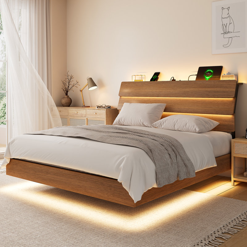  Queen Size Floating Bed Frame With Led And Charging Station,metal Platform Bed Frame With Storage Headboard,no Box Spring Needed,noise-free,easy To Assemble,walnut