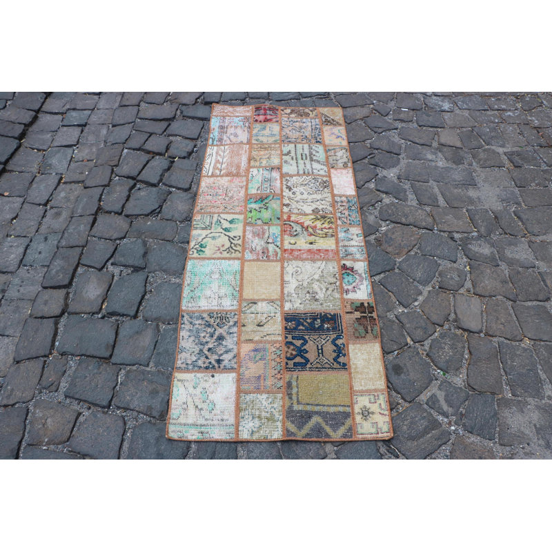 Vintage Rainbow Rug: Small Turkish Patchwork Rug Ideal for Bathroom and Boho Chic Decor