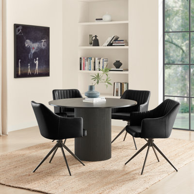 Tamorion Pillar Black Round Table With 4 Cleother Luxury Velvet Upholstered Swivel Dining Chairs