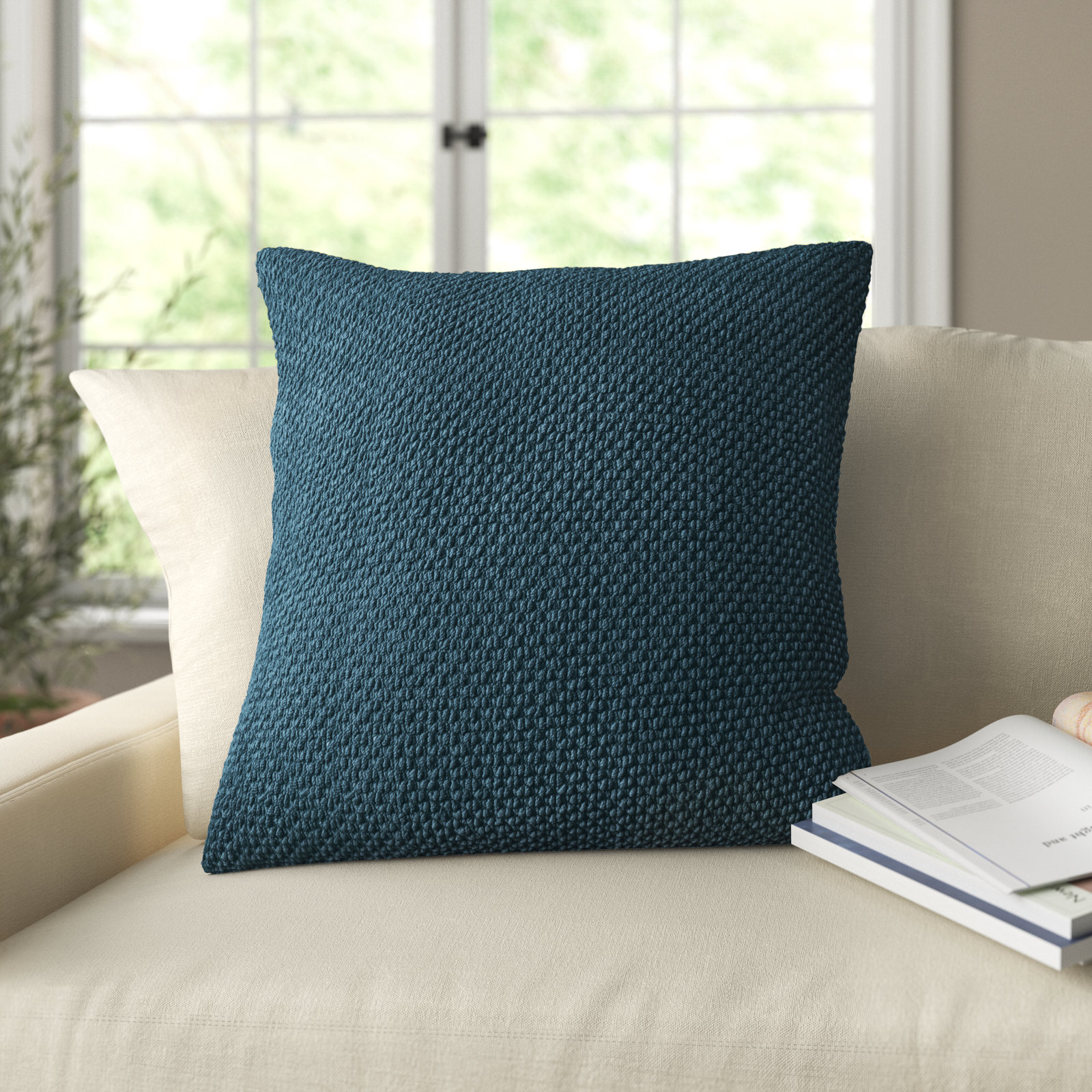Mansel Textured Throw Pillow, Peacock Blue, Square 20", Polyester