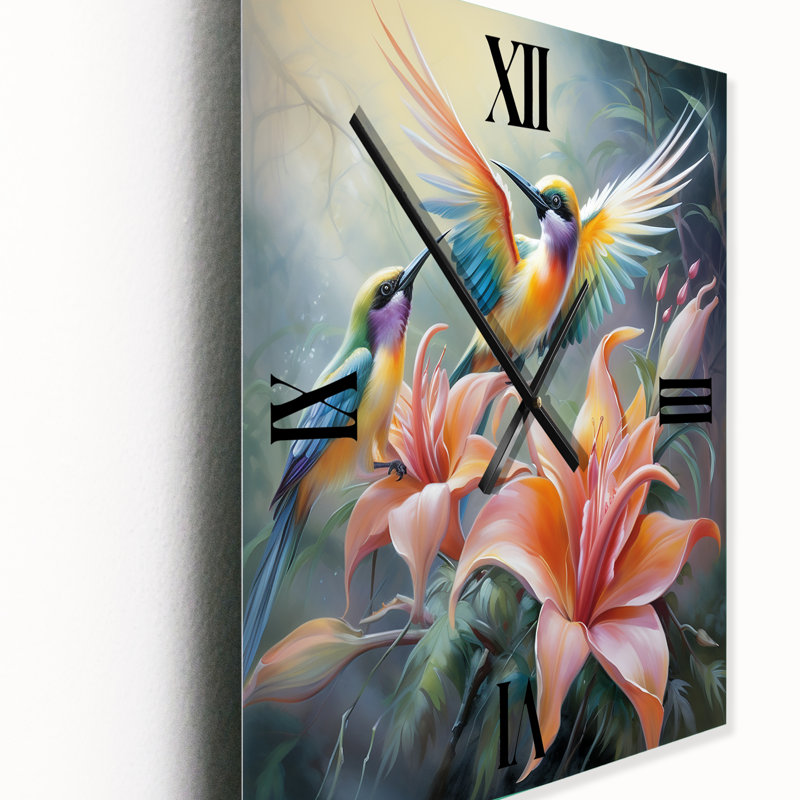 Horloge murale moderne avec fleurs tropicales et bel oiseau, Très grand