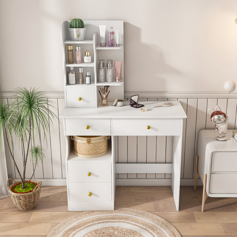 Coiffeuse avec 5 tiroirs, miroir caché à DEL et éclairage tactile Ciandra