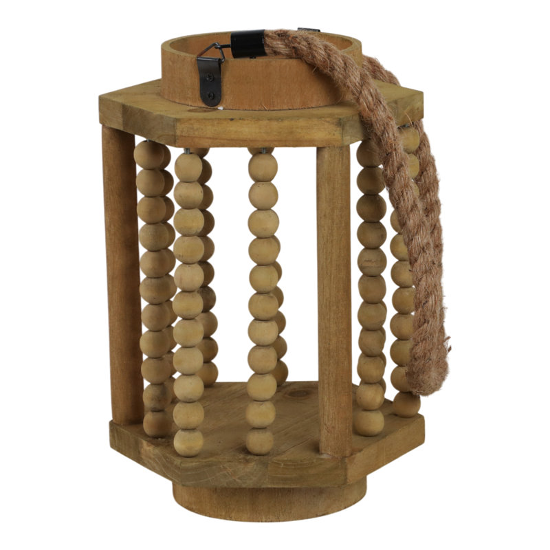 Wood Hurricane Lantern with Spindled Ball Columns and Rope Handle in Casual Home Style Decorative Accent Lighting for Rustic Coastal Farmhouse or Boho Inspired Interiors.