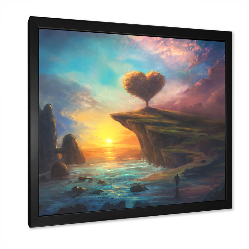 Cœur, paysage coucher de soleil - On, Impression noire sur toile encadrée, H 16 po x l 16 po x P 1 po