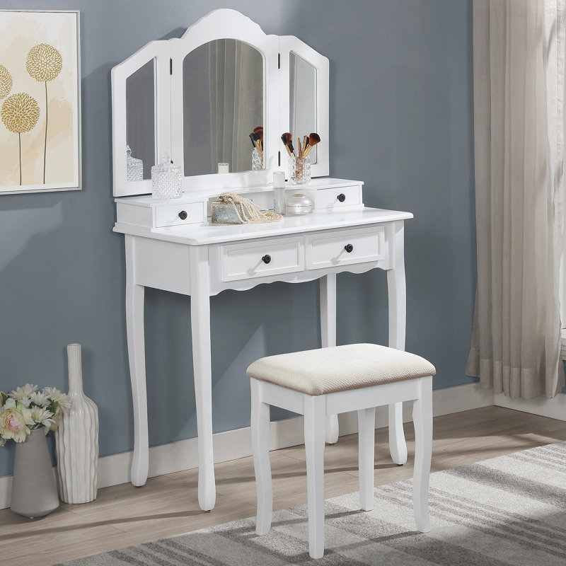 Ensemble coiffeuse et tabouret en bois Sanlo, White