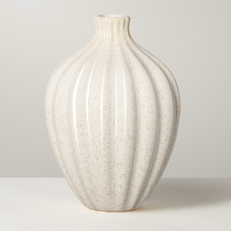 6" White Ceramic Reactive Glaze Ribbed Gourd Vase, 6 inch, White