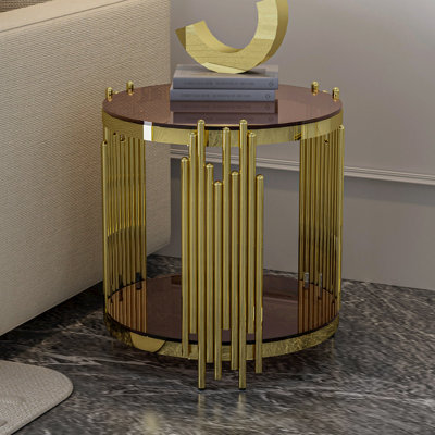 Table de bout de luxe moderne dorée 19,69 pouces pour le salon, canapé en verre trempé brun de 8 mm avec pieds en acier inoxydable