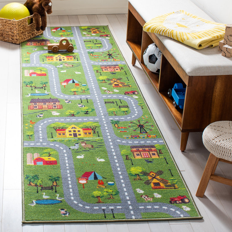Round Dark Green and Light Grey Kids Playhouse Rug