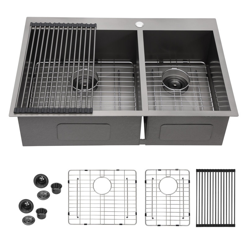 Évier de cuisine à double cuve à montage sur plan - Évier de cuisine à double cuve en acier inoxydable de calibre 16 avec deux cuves profondes de 33 po x 22 po x 9 po