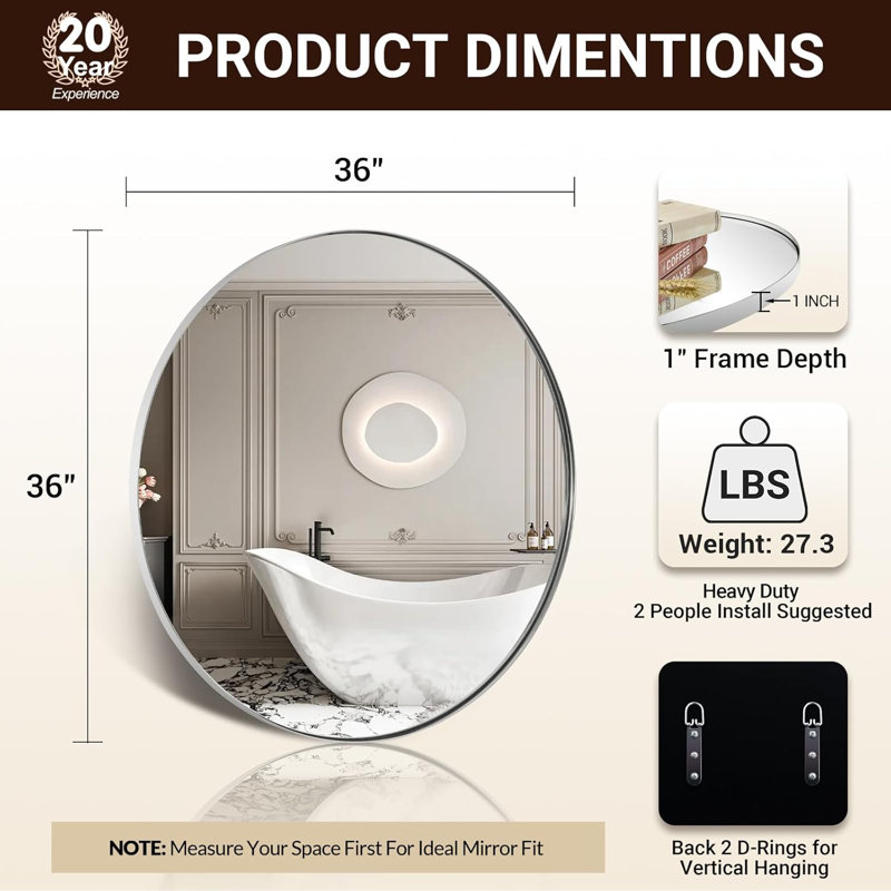 Miroir de salle de bain Kaitlee Cadre en acier inoxydable, 36 po x 36 po, Chrome poli, Round