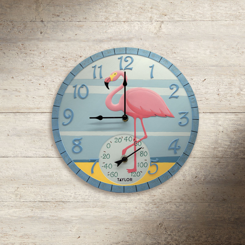 Horloge Taylor avec thermomètre, 14 po, flamant rose