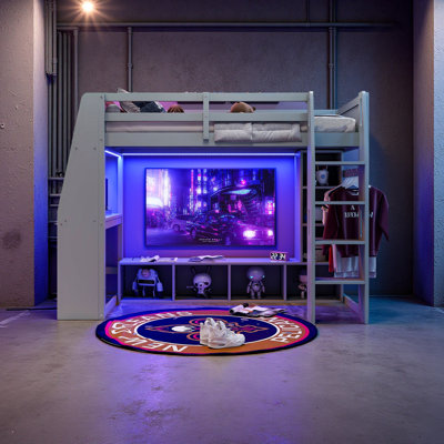Wood Gaming Loft Bed With Desk, Multi-Storage Shelves, LED And A Hanging Clothes Rack by Harriet Bee