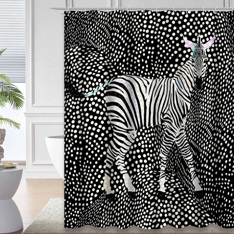 Rideau de douche abstrait rayé à motif abstrait zébré blanc avec 12 crochets, L 72 po x l 72 po