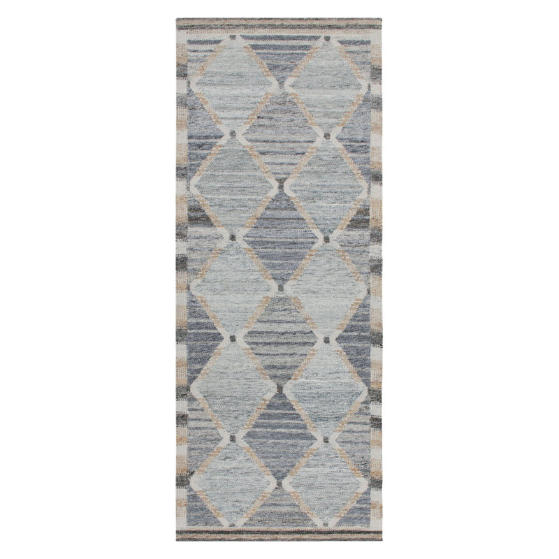Scandinavian Outdoor Rug, Gray & Blue Geometric Runner By Rug & Kilim, Runner 2'6" x 14'