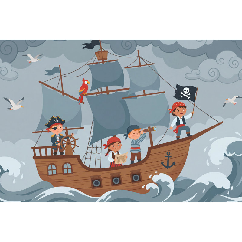 Caricature de bateau d'aventure pirate, Non tissé, 140 po x 108 po