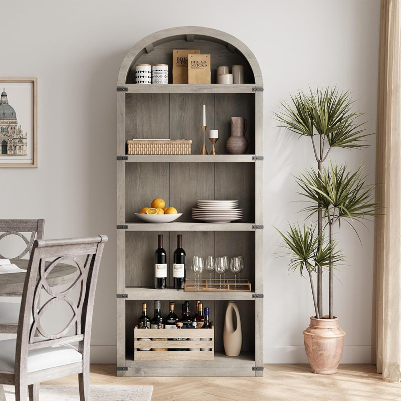 Bookcase Arched Bookshelf 71.65In Tall Bookcase Farmhouse Display Storage Rack, Gray