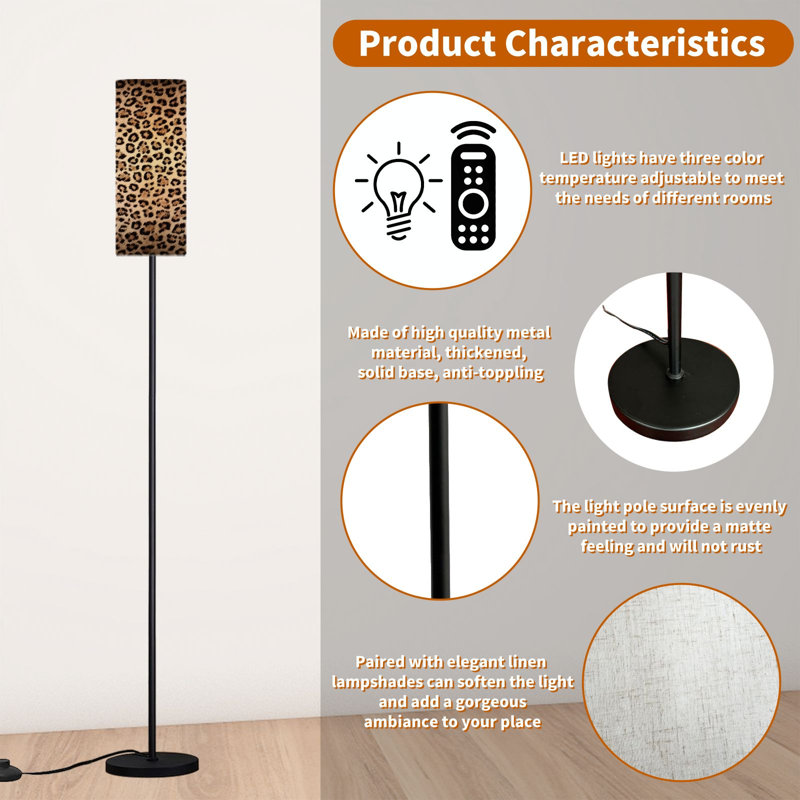  68.5" Standing Floor Lamp Leopard texture brown beige darker Dimmable Metal Pole Lamp with Linen Lampshade LED Bulb Included