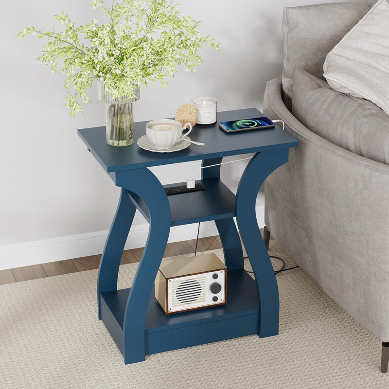 End Tables Living Room, End Table End Table With Charging Station And USB,Navy Blue Side Table, Nightstand For Bedroom,3 Tier End Table With Storage Shelf For Living Room