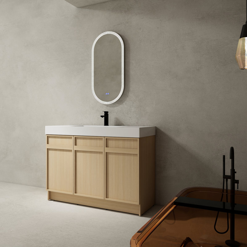 Meuble-lavabo de 48 po avec lavabo en résine et porte à fermeture en douceur. Conception moderne pour les salles de bain. Fabrication en contreplaqué. Rangement suffisant. Étagère réglable à charnières autoportantes. Spacieuse et ergonomique
