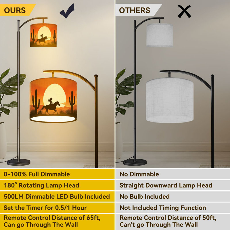 Arc Floor Lamp Wild West Mexico Cowboy Horse Cactus Desert Sunset Retro Illustrative Floor Lamps with Remote LED Lights Adjustable Lamp Shades Tall Standing Lamps for Reading Office Living Room