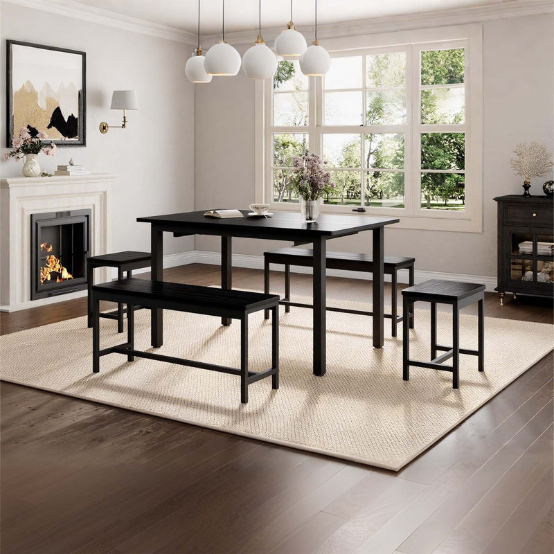 Ensemble de table de salle à manger extensible 5 pièces pour 4 à 8 personnes, avec 2 bancs et 2 tabourets, peu encombrant
