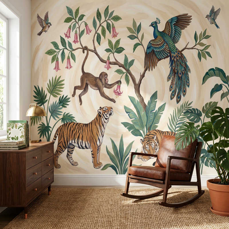 Papier peint nature sauvage, jungle et faune, 140" x 108", Peler et coller
