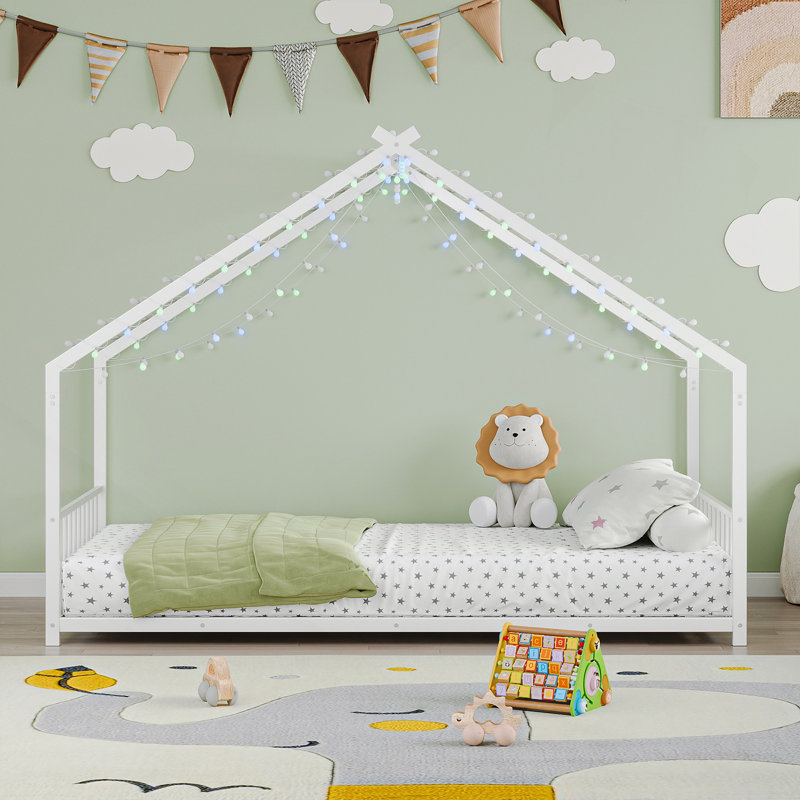 Twin Size Children's Bed Frame With LED Light Strips, Roof-Shaped Iron Frame Bed, White, White