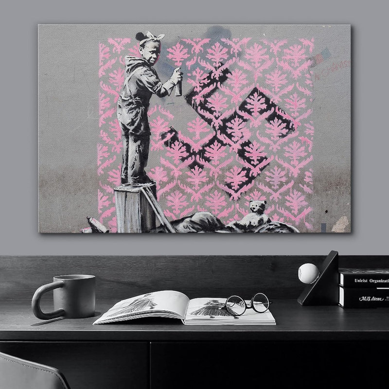 Banksy, Angleterre, Royaume-Uni, femme, pulvérisation de peinture, Toile tendue, H 24 po x l 36 po x P 1,5 po